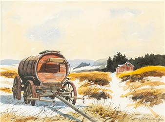 A watercolor painting of a wooden wagon in a snowy landscape.