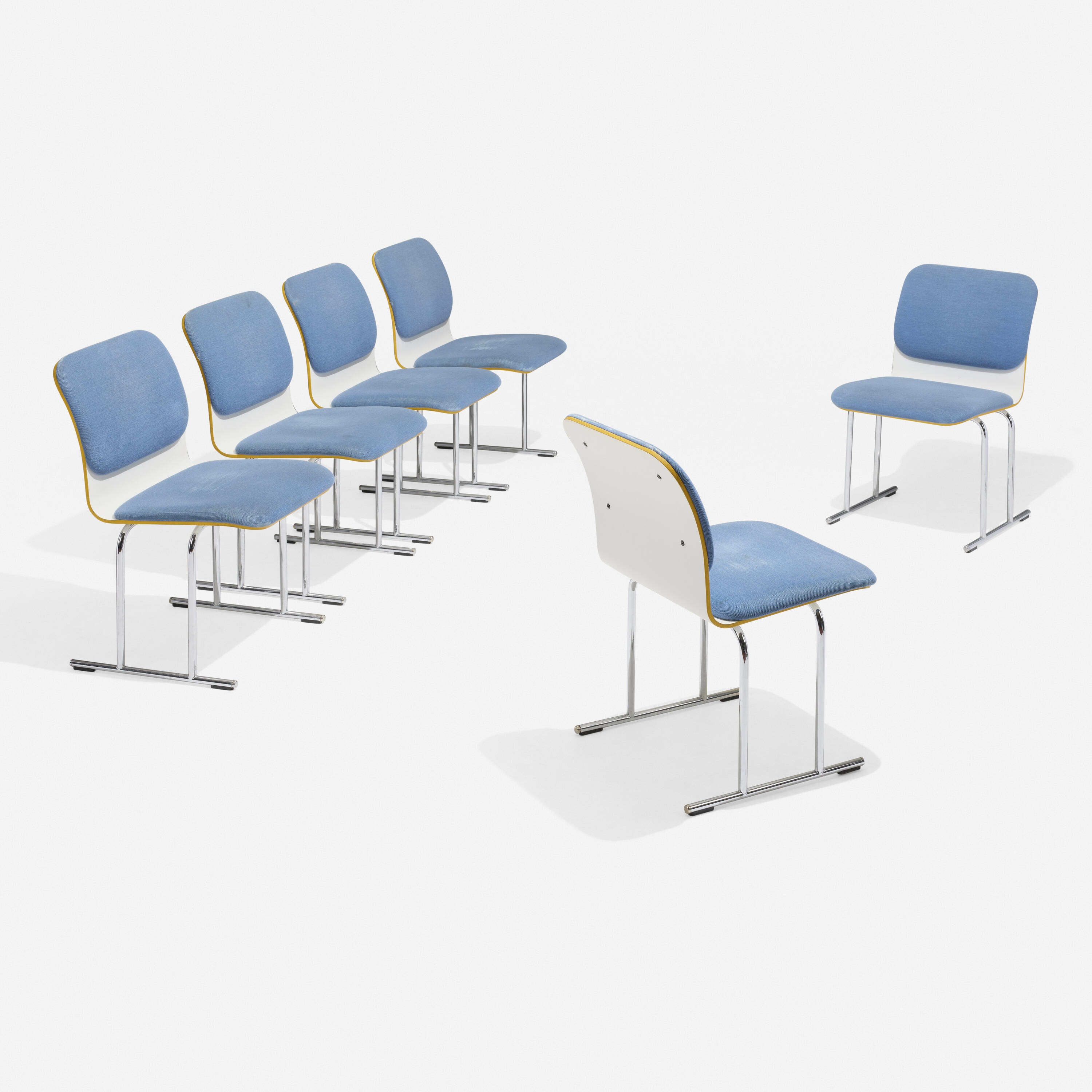 Artwork by Yrjö Kukkapuro, Dining chairs, set of six, Made of upholstery, painted plywood, chrome-plated steel, plastic