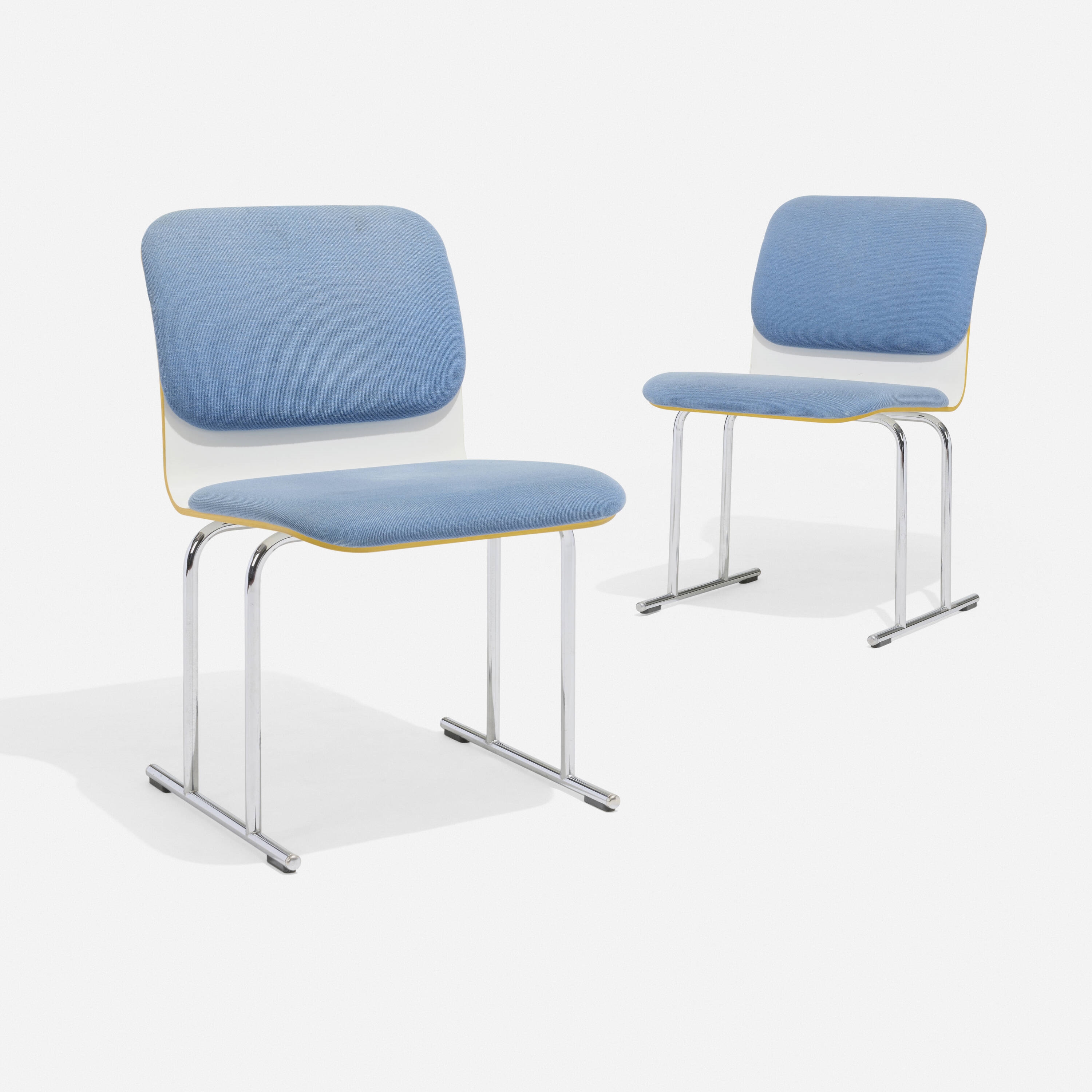 Artwork by Yrjö Kukkapuro, Dining chairs, set of six, Made of upholstery, painted plywood, chrome-plated steel, plastic