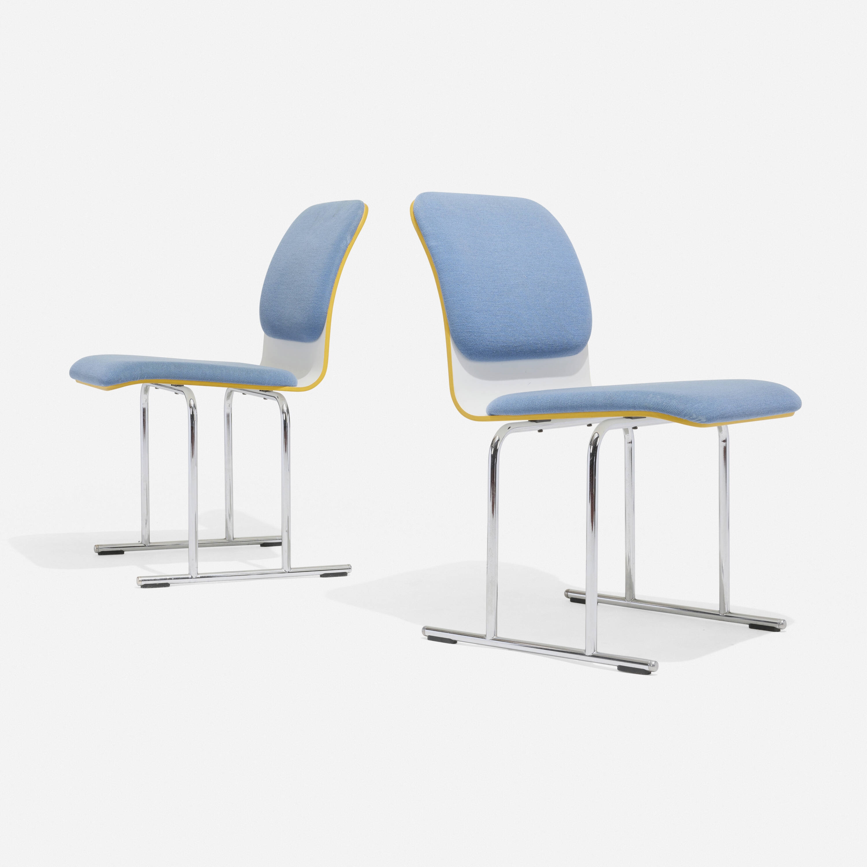 Artwork by Yrjö Kukkapuro, Dining chairs, set of six, Made of upholstery, painted plywood, chrome-plated steel, plastic