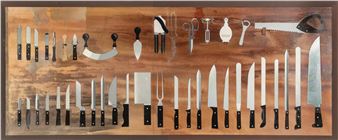 a painting of knives and other kitchen utensils on a wooden surface