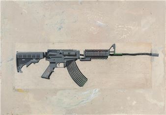 A drawing of an assault rifle on a wall.