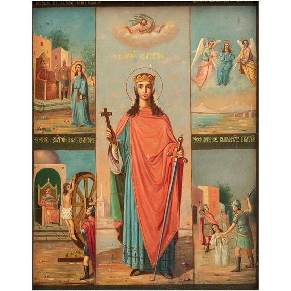 ÍCONO. VIDA Y MARTIRIO DE SANTA CATALINA DE ALEJANDRÍA - Russian School, 19th Century