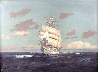 A majestic sailing ship navigating choppy seas under a dramatic sky.