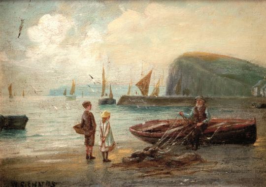 Kinder mit Fischer an der Küste - W. Richards