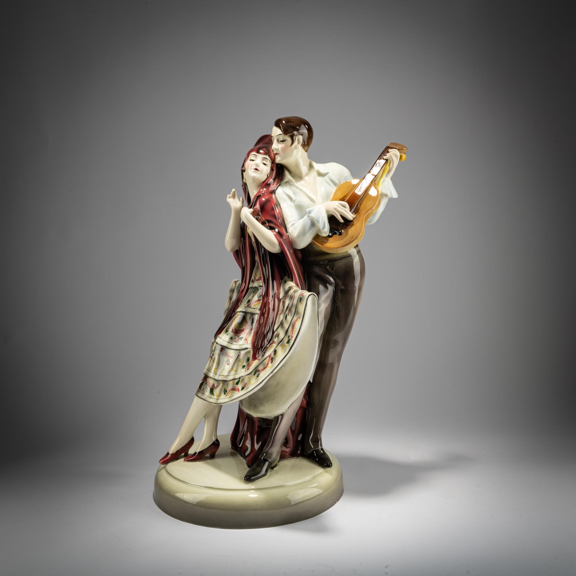 Artwork by Josef Lorenzl, Group of standing dancer in fan-shaped dress, behind her a man with a violin, Made of Earthenware, Polychrome Glaze