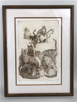 A monochromatic etching of a group of cats in various poses, framed and mounted.
