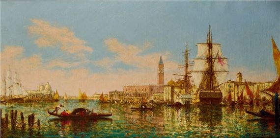 A vibrant impressionist seascape of a bustling harbor filled with sailing ships and gondolas under a soft, cloudy sky.