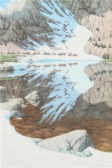 A serene landscape painting of a mountain stream reflecting snow-capped peaks and distant figures.