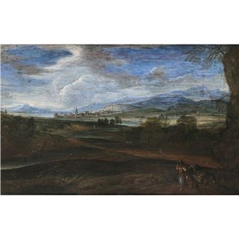 A painting of a landscape with a man on a horse drawn carriage.