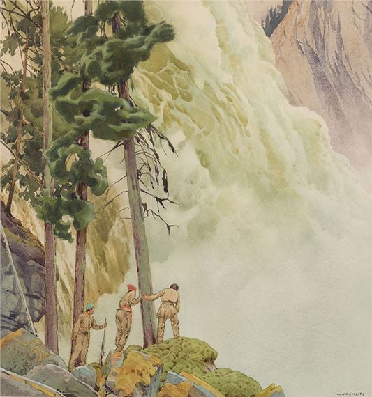 A watercolor painting of three figures standing on a rocky outcrop, gazing upward at a massive waterfall cascading down a steep cliff face.