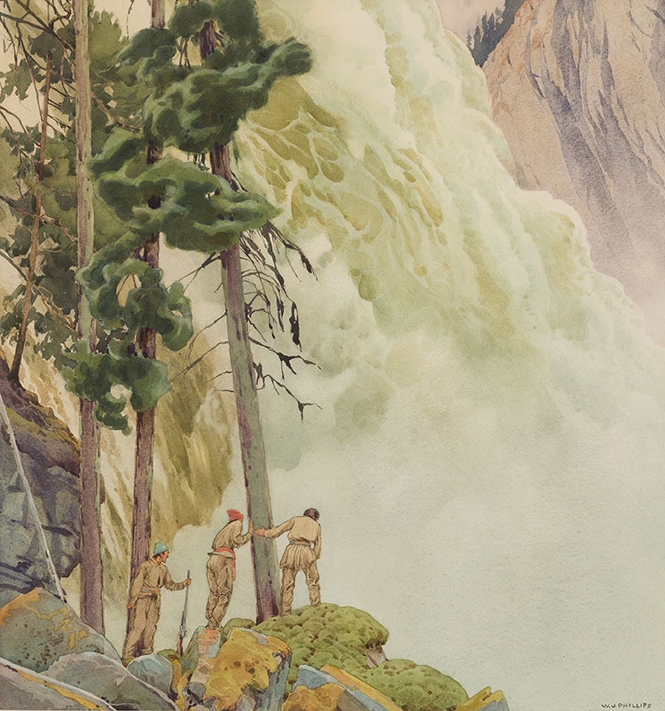 A watercolor painting of three figures standing on a rocky outcrop, gazing upward at a massive waterfall cascading down a steep cliff face.