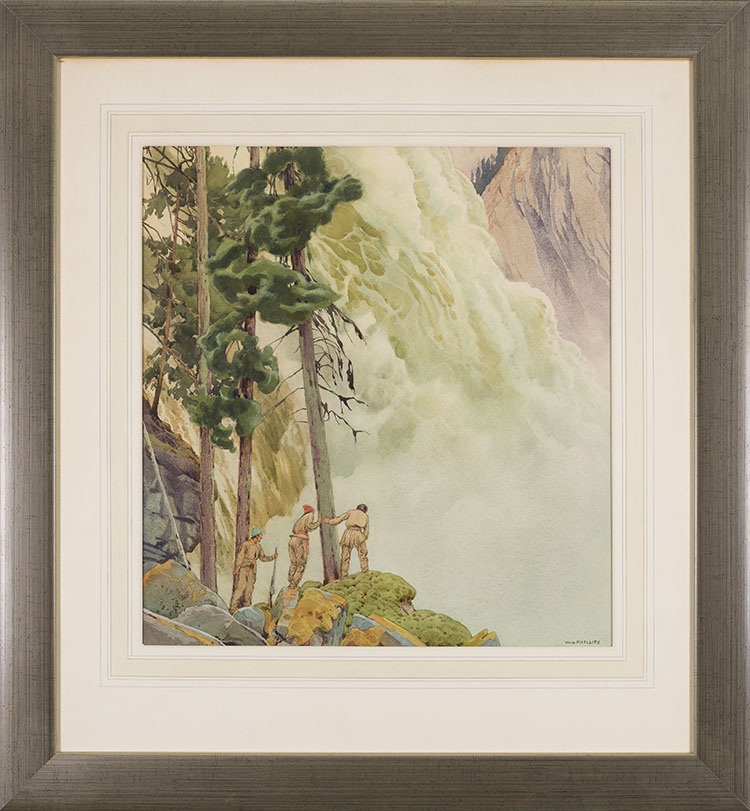 A watercolor painting of three figures standing on a rocky outcrop, gazing upward at a massive waterfall cascading down a steep cliff face.