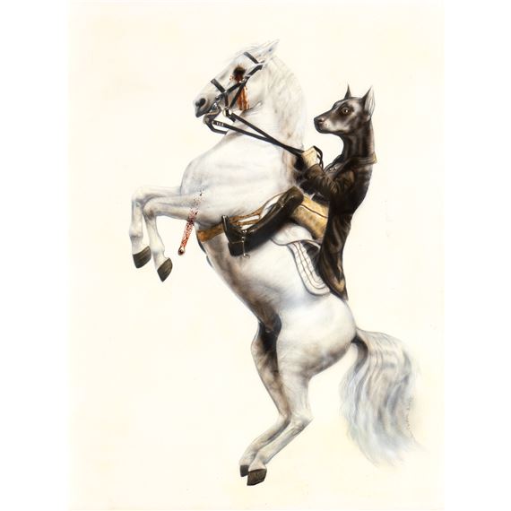 A drawing of a dog riding a white horse.