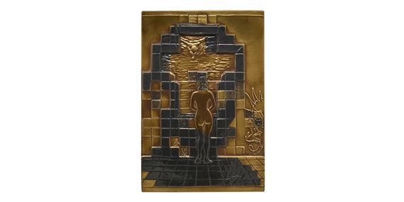 A relief sculpture featuring a nude figure standing before an ornate, stepped archway.