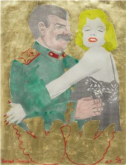 A surreal portrait of a military figure embracing a blonde woman against a textured gold background.