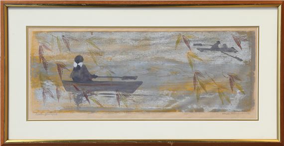 A serene watercolor scene of two figures rowing small boats on a calm, reflective river.