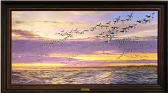 A painting of a flock of birds flying over the ocean.
