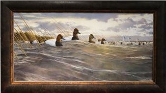A painting of ducks swimming in a body of water.