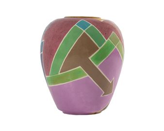 A geometrically patterned ceramic vase with bold colors and a modern abstract design.