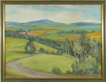 A vibrant landscape painting of rolling hills and a winding path under a soft sky.
