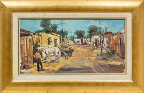 Street Scene with Horse Cart and Figure by Johan Grobler