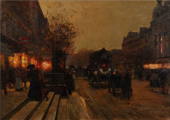 A painting of a city street at night with people and horses.