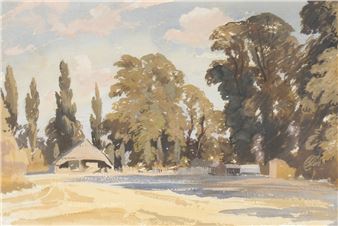 A watercolor landscape of a rustic shelter beside a river, framed by tall trees under a soft sky.