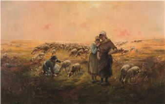 Young Shepherdesses with Their Flock - Emil Barbarini