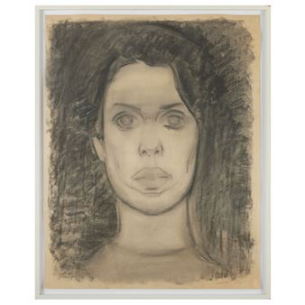 A monochromatic portrait of a figure with long hair and an intense gaze.