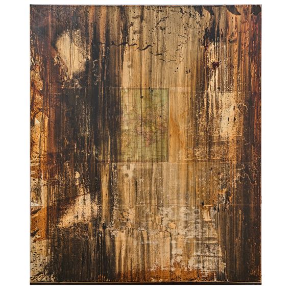 A weathered, abstract composition of layered textures and earthy tones.