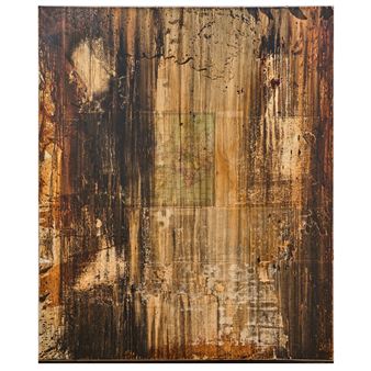 A weathered, abstract composition of layered textures and earthy tones.