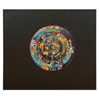 A colorful spiral collage of tiny figures and symbols against a dark background.
