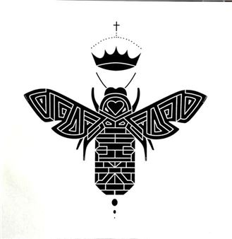 A black and white drawing of a bee with a crown on its head.