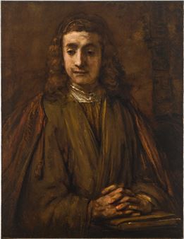 Saint John on Patmos, half-length, his folded hands resting on the cover of a book, a palm tree behind him and his emblem of an eagle to the right, his head based on the features of Titus van Rijn - Rembrandt van Rijn