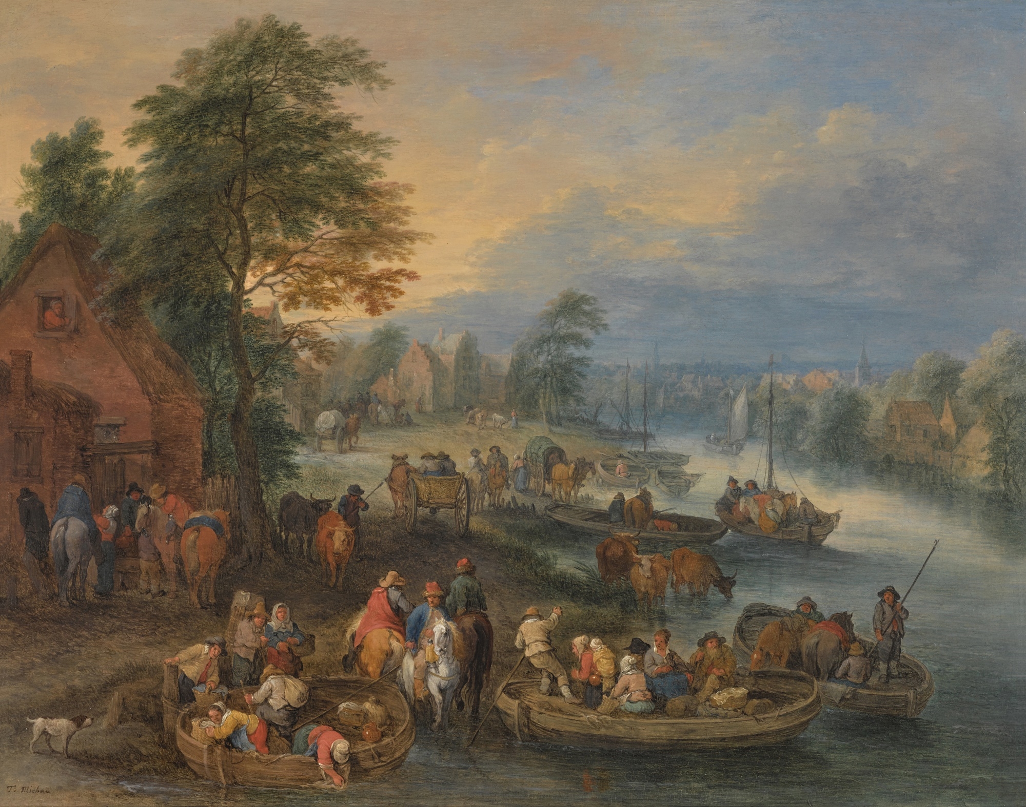 Theobald Michau | River landscape with travellers and cattle, a town ...