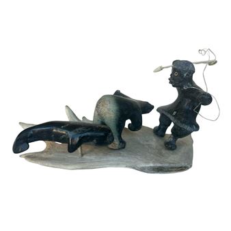 Hunter + Bear + Whale on Antler Base - Simon Hiqiniq