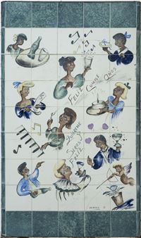 A tile mural depicting a group of people dancing and singing.