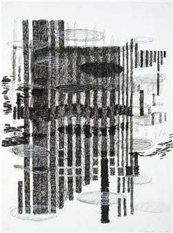 An abstract composition of vertical black lines and concentric circles on a white background.