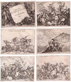 A set of four engravings depicting a battle scene. 