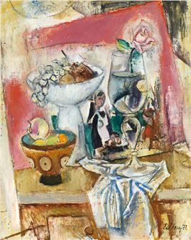 A vibrant still life featuring a fruit bowl, wine glass, and figures against a bold red background.