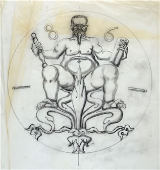 A drawing of a man sitting on top of a pentagram.