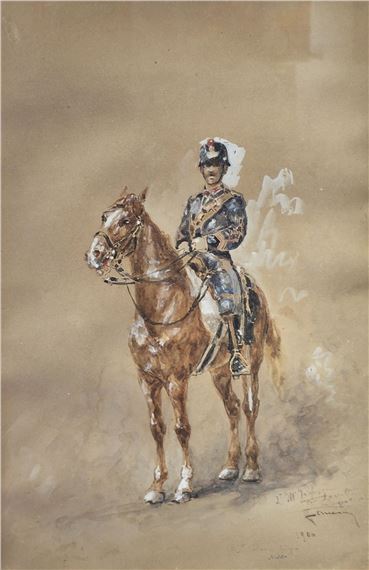 A watercolor study of a mounted figure in ornate uniform against a neutral background.