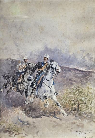 A dynamic watercolor scene of two mounted figures galloping across a rugged landscape.