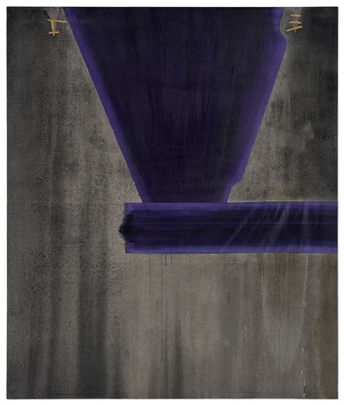 A minimalist abstract composition featuring a deep purple geometric shape against a textured gray background.