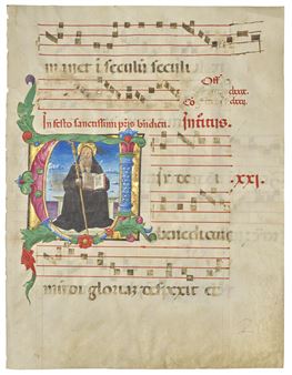 St Benedict, historiated initial ‘V’ on a leaf from a Gradual, illuminated manuscript on vellum [Italy, Lombardy, final quarter