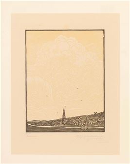 A monochromatic etching of a hillside town under a massive, textured cloud.