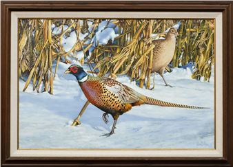 A painting of two pheasants walking in the snow in a field.