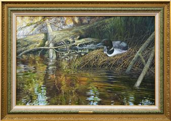 A painting of a loon sitting on a log in the water.