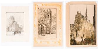 A triptych of architectural sketches depicting a cathedral and surrounding urban scene.